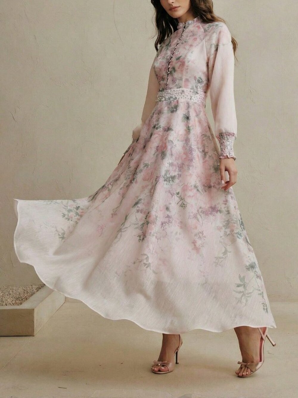 Pink Elegant Women's Floral Ombre Print Mandarin Collar Long Sleeve Dress - Picture 4 of 7